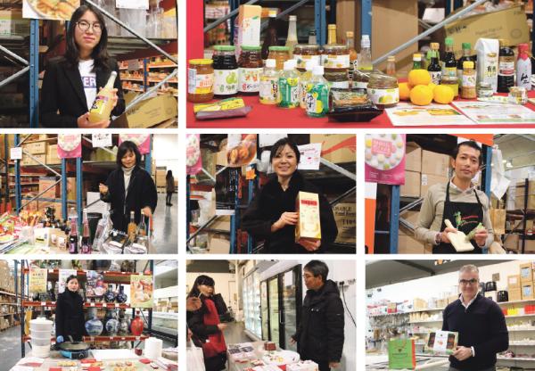 当日文化节展现日、韩、荷兰等地小食品的展台。上左图:利鑫公司市场部负责人Fanny小姐;上右图:日韩食品;中左图:日本食品饮料展台;中图:韩国高丽参酒;中右图:小西康介先生手持真正的新鲜绿芥末和芥末磨碎板;下左图:超群中式点心展台;下中图:拥有红豆、黑芝麻、抹茶、芒果等多种口味日本麻糬展台;下右图:Balkhoorma公司的天然柿子干。(摄影:程茗芝/看中国)