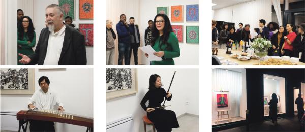 上左图:法国亚洲移民联合会主席布赛先生;上中图:法国亚洲艺术家联合会会长何宇红女士;上右图:酒会现场;下左图;华人音乐家古筝表演;下中图:华人音乐家二胡表演;下右图:法国亚洲移民联合会法中画廊橱窗里摆放着华人艺术家作品。(摄影:林莲怡/看中国)