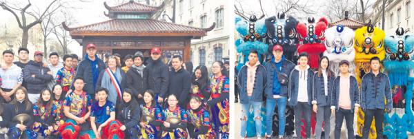 左图:巴黎20区区长卡兰德拉女士(二排中)、华人副区长施伟明(二排中右)与陈欧吏(二排中左)在美丽城美食亭Wôdy Bowl开业庆典上合影;右图:陈欧吏与Wôdy Bowl的团队。(摄影:林莲怡/看中国)